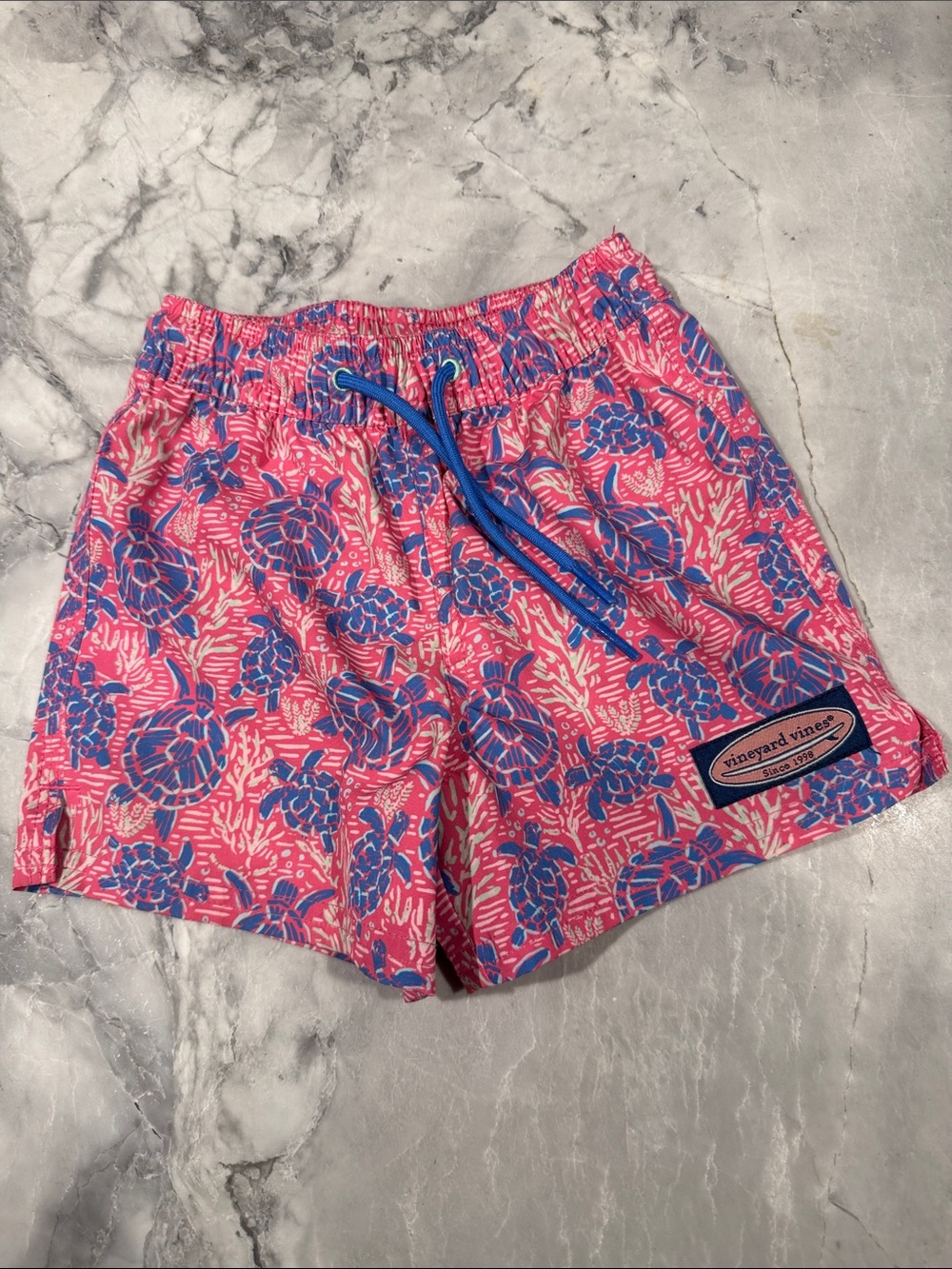 Vineyard Vines Pink Swim Shorts with Blue Sea Turtle Print